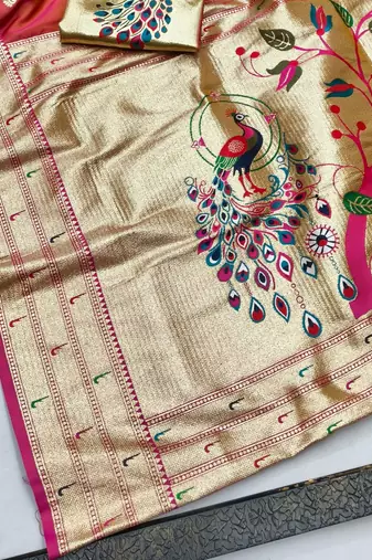 Pink zari woven paithani silk blend saree with blouse piece