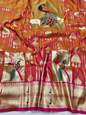Pink zari woven paithani silk blend saree with blouse piece 4