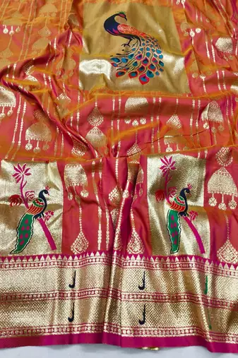 Pink zari woven paithani silk blend saree with blouse piece