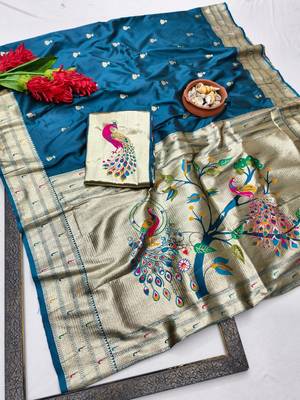 Firozi zari woven paithani silk blend saree with blouse piece 1