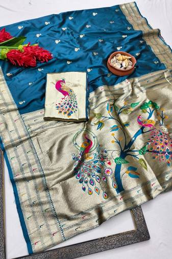 Firozi zari woven paithani silk blend saree with blouse piece