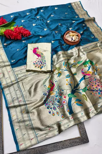 Firozi zari woven paithani silk blend saree with blouse piece