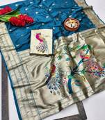 Firozi zari woven paithani silk blend saree with blouse piece