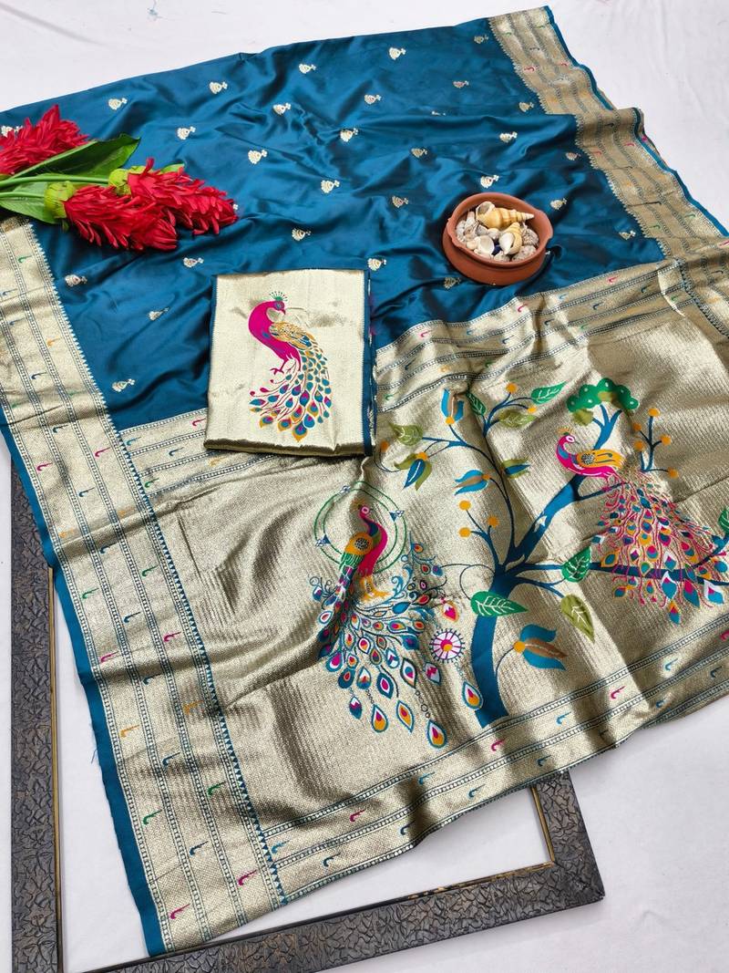 Firozi zari woven paithani silk blend saree with blouse piece