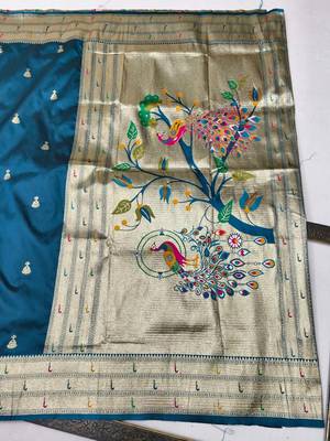 Firozi zari woven paithani silk blend saree with blouse piece 2