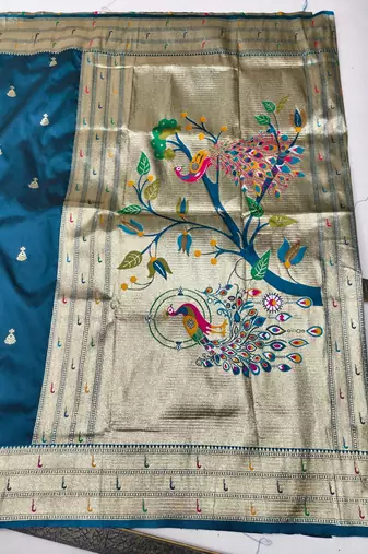 Firozi zari woven paithani silk blend saree with blouse piece