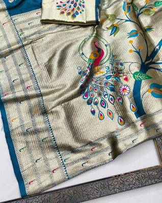 Firozi zari woven paithani silk blend saree with blouse piece 3