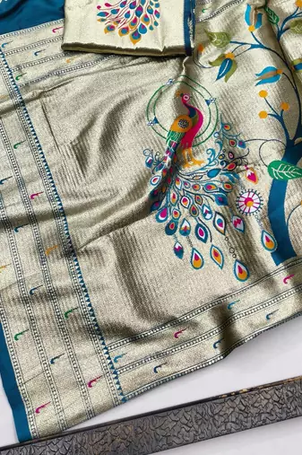 Firozi zari woven paithani silk blend saree with blouse piece