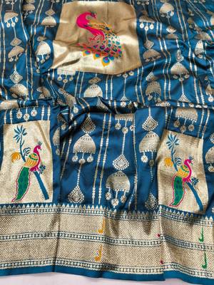 Firozi zari woven paithani silk blend saree with blouse piece 4