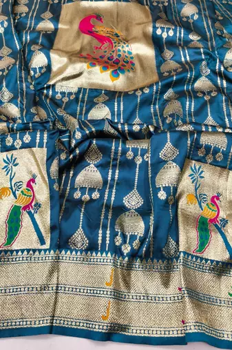 Firozi zari woven paithani silk blend saree with blouse piece