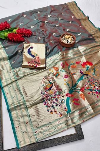 Lavender zari woven paithani silk blend saree with blouse piece