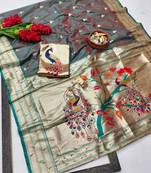 Lavender zari woven paithani silk blend saree with blouse piece