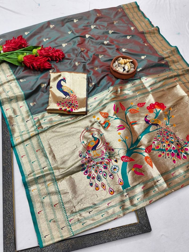 Lavender zari woven paithani silk blend saree with blouse piece