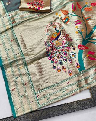 Lavender zari woven paithani silk blend saree with blouse piece 3