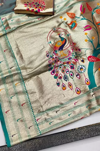 Lavender zari woven paithani silk blend saree with blouse piece