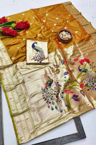 Mehendi zari woven paithani silk blend saree with blouse piece