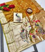 Mehendi zari woven paithani silk blend saree with blouse piece