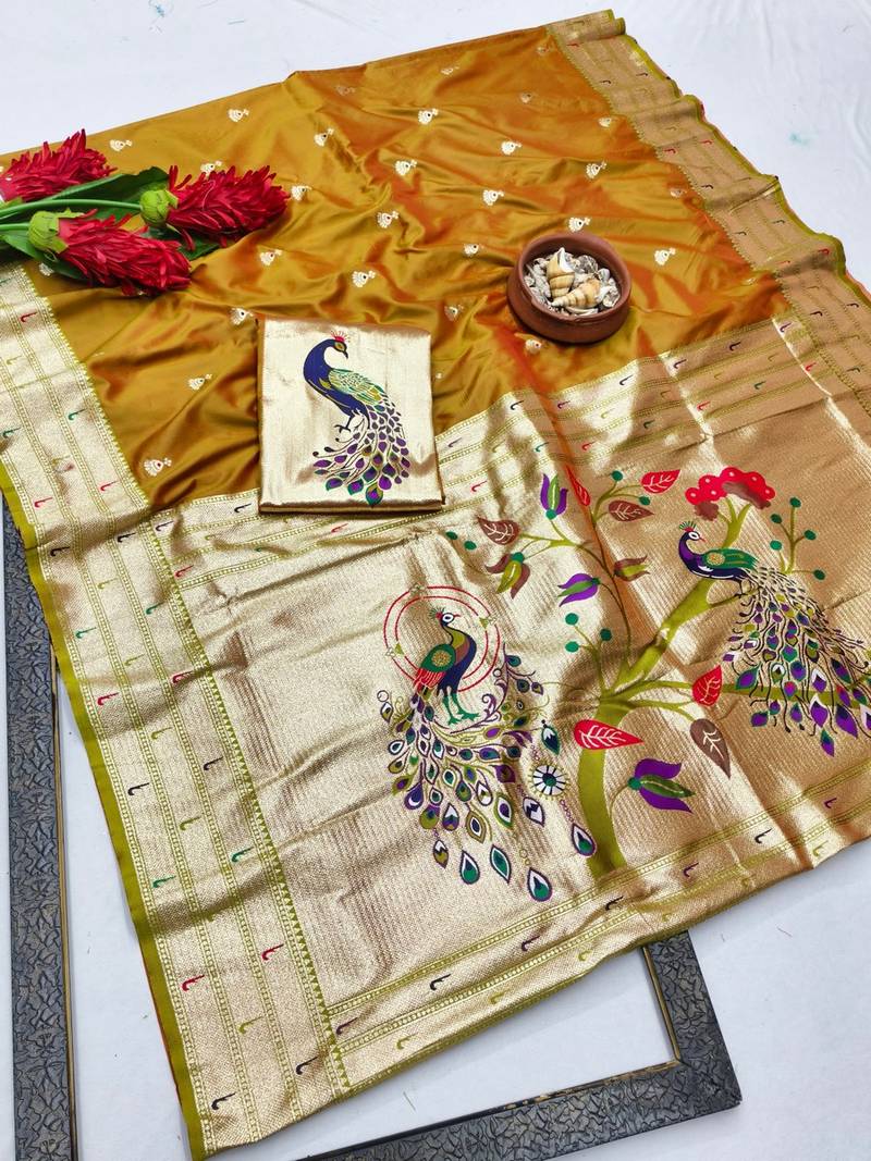 Mehendi zari woven paithani silk blend saree with blouse piece