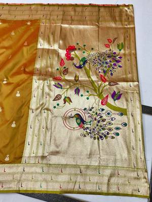 Mehendi zari woven paithani silk blend saree with blouse piece 2