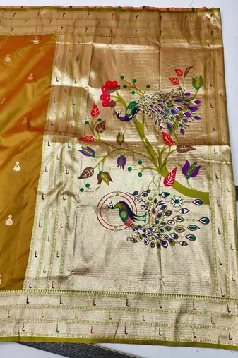 Mehendi zari woven paithani silk blend saree with blouse piece