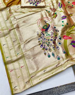 Mehendi zari woven paithani silk blend saree with blouse piece 3