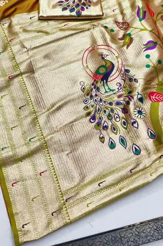 Mehendi zari woven paithani silk blend saree with blouse piece
