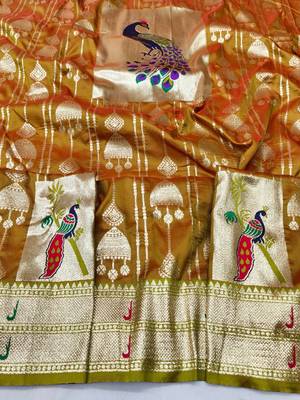 Mehendi zari woven paithani silk blend saree with blouse piece 4