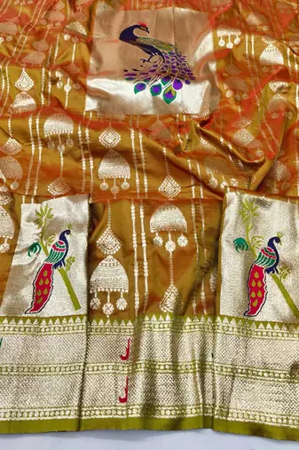 Mehendi zari woven paithani silk blend saree with blouse piece