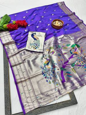Purple zari woven paithani silk blend saree with blouse piece 1