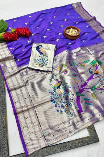 Purple zari woven paithani silk blend saree with blouse piece