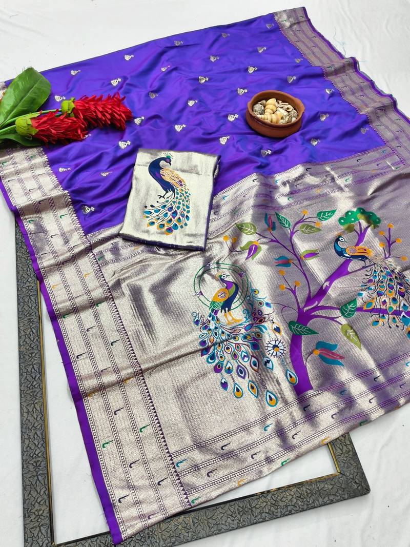Purple zari woven paithani silk blend saree with blouse piece