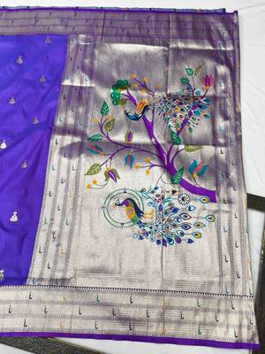 Purple zari woven paithani silk blend saree with blouse piece 2