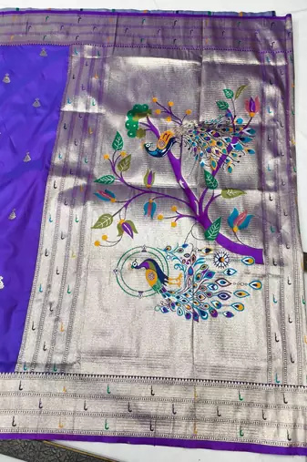 Purple zari woven paithani silk blend saree with blouse piece