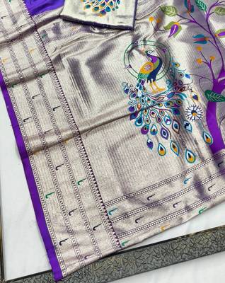 Purple zari woven paithani silk blend saree with blouse piece 3