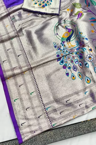 Purple zari woven paithani silk blend saree with blouse piece