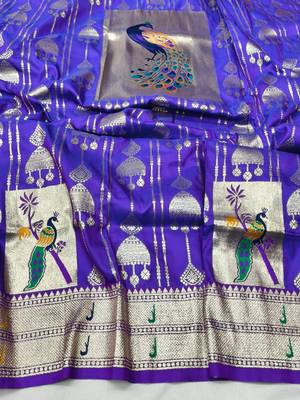 Purple zari woven paithani silk blend saree with blouse piece 4