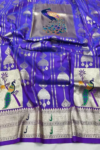 Purple zari woven paithani silk blend saree with blouse piece