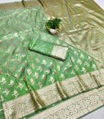 Green zari woven banarasi silk blend saree with blouse piece