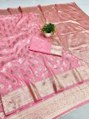 Pink zari woven silk blend saree with blouse piece 1