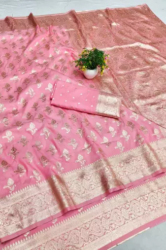 Pink zari woven banarasi silk blend saree with blouse piece