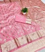 Pink zari woven banarasi silk blend saree with blouse piece