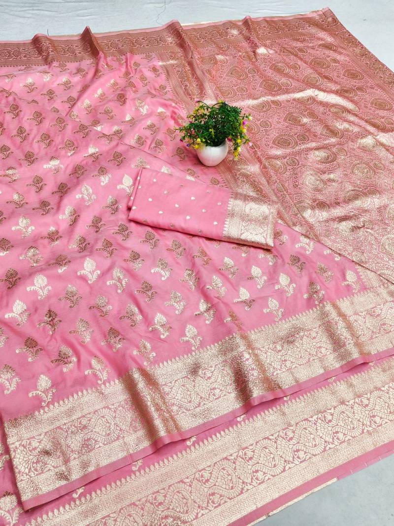 Pink zari woven banarasi silk blend saree with blouse piece