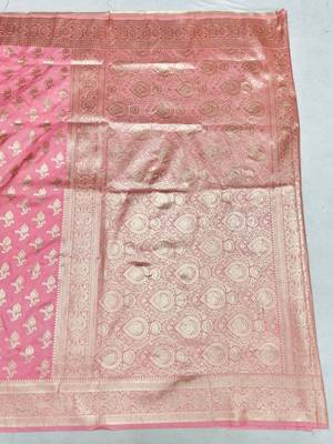 Pink zari woven silk blend saree with blouse piece 2