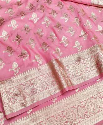 Pink zari woven silk blend saree with blouse piece 3