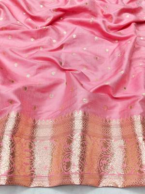 Pink zari woven silk blend saree with blouse piece 4