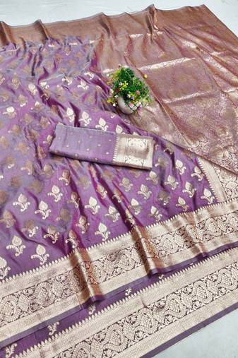 Purple zari woven banarasi silk blend saree with blouse piece