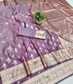 Purple zari woven banarasi silk blend saree with blouse piece