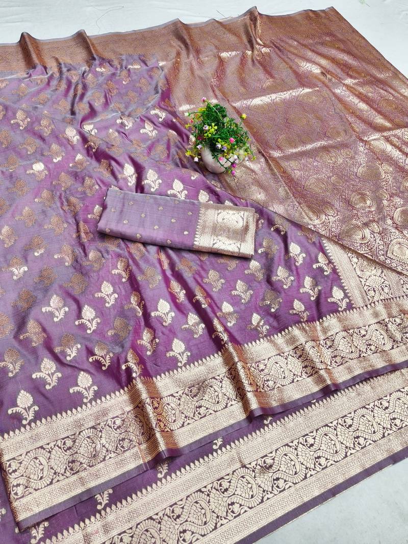 Purple zari woven banarasi silk blend saree with blouse piece