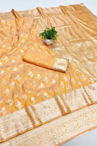 Orange zari woven banarasi silk blend saree with blouse piece