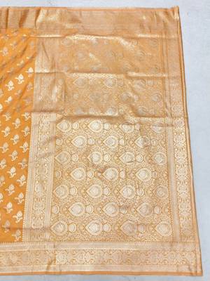 Orange zari woven silk blend saree with blouse piece 2